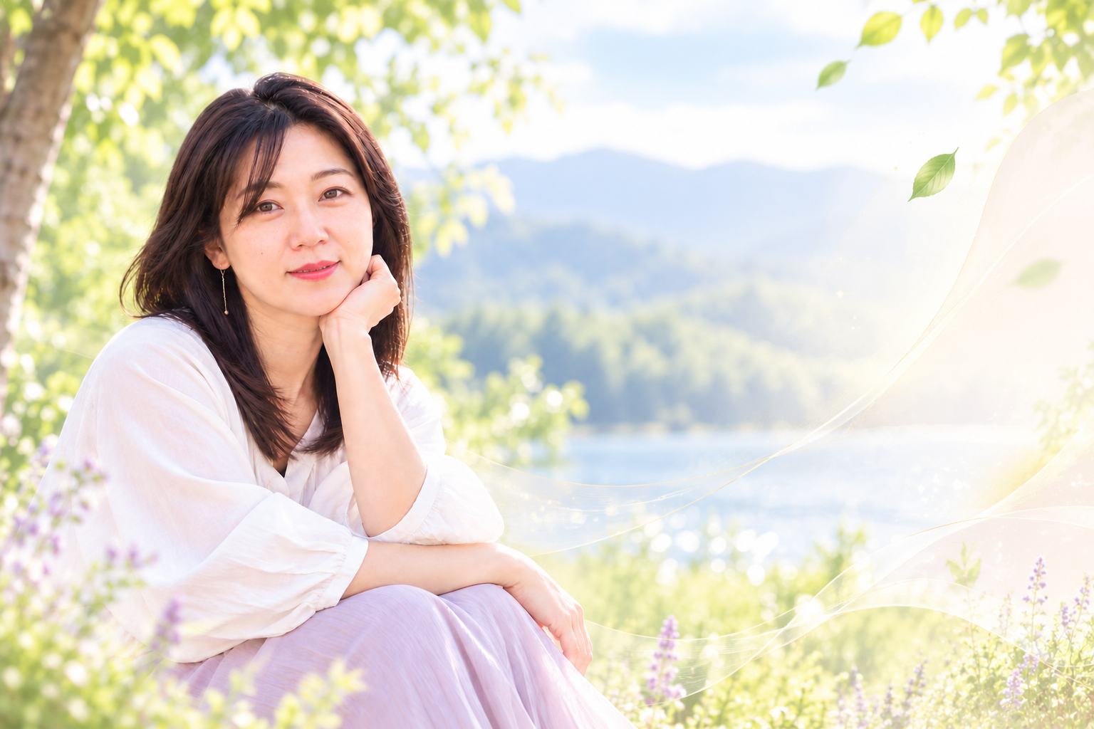 自然豊かな湖畔で穏やかに微笑むAKIKO