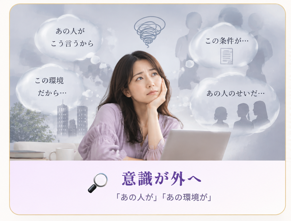 意識が外へ：「あの人が」「あの環境が」と、つらさの理由を自分の外側に探している様子